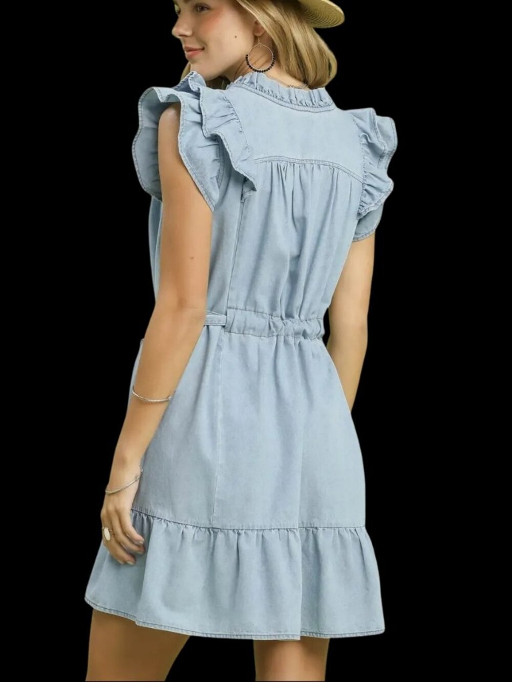Umgee Chambray Ruffled Denim Dress with Side Pockets - Picture 3 of 4